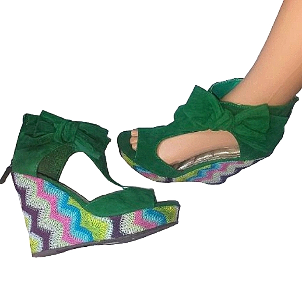 NWOB Sugar House Green Bow Wedge Heel Sandals 10